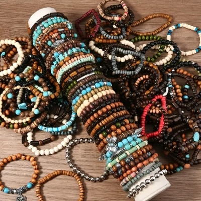 Bohemian Wooden Box of 10 Handmade Beads Bracelets