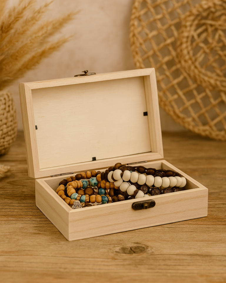 Bohemian Wooden Box of 10 Handmade Beads Bracelets