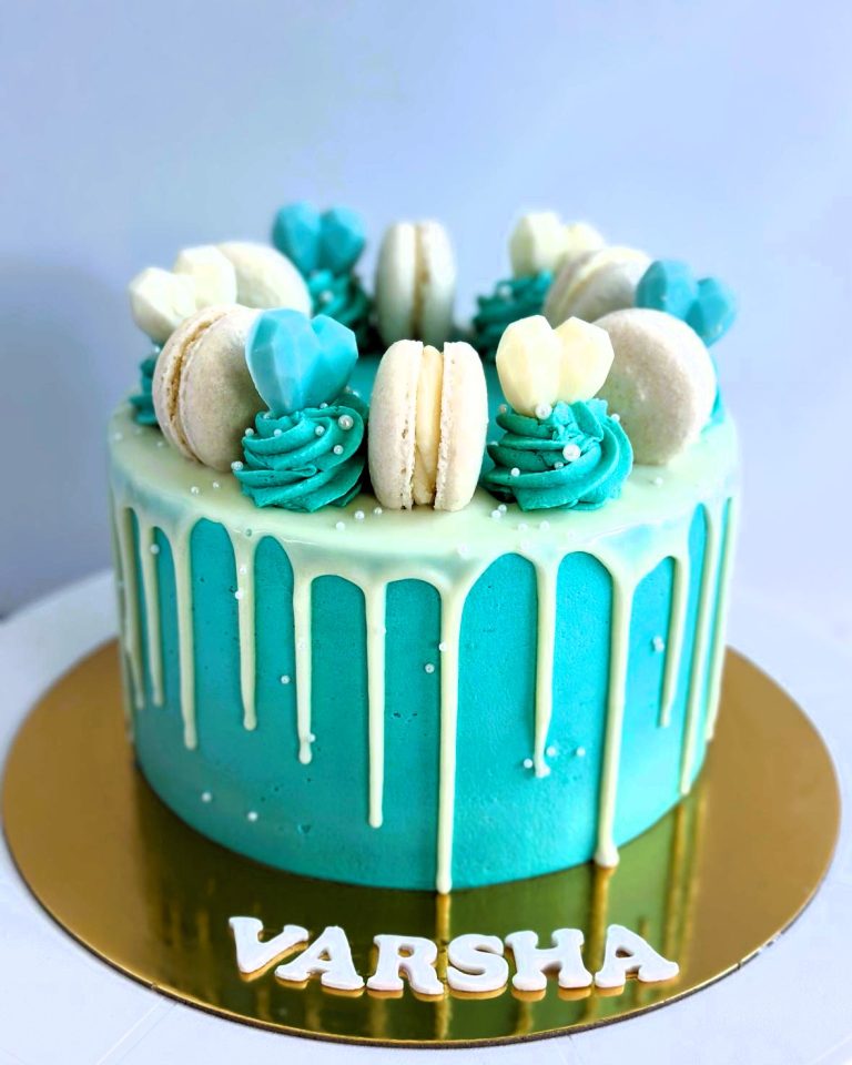Aqua Gem Drip Cake With Macaron